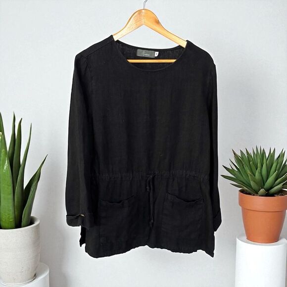 Willow Black 100% linen Blouse with Pockets lagenlook summer Resortwear - Picture 1 of 7